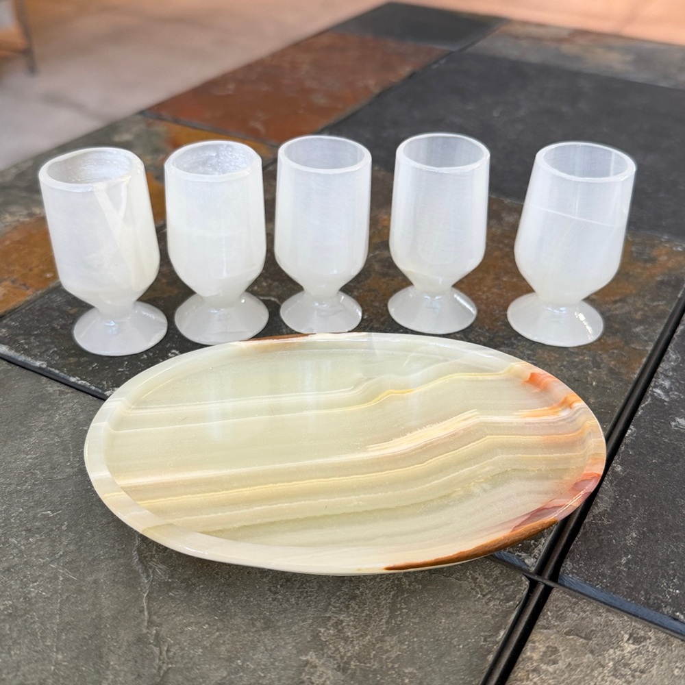 Vintage handcrafted Onyx Shot Glass Set with Matching Onyx Tray Milky White